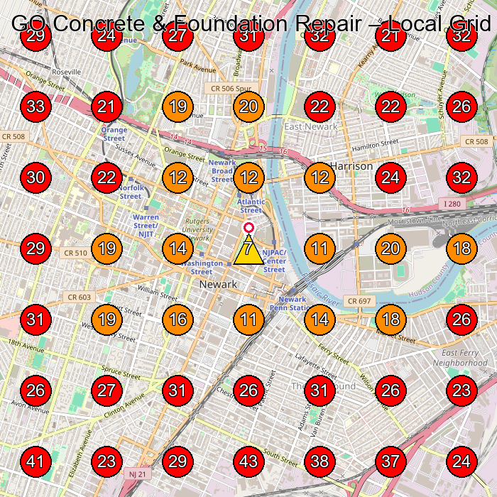 GO Concrete & Foundation Repair GeoGrid visibility map for Concrete Contractor in Newark